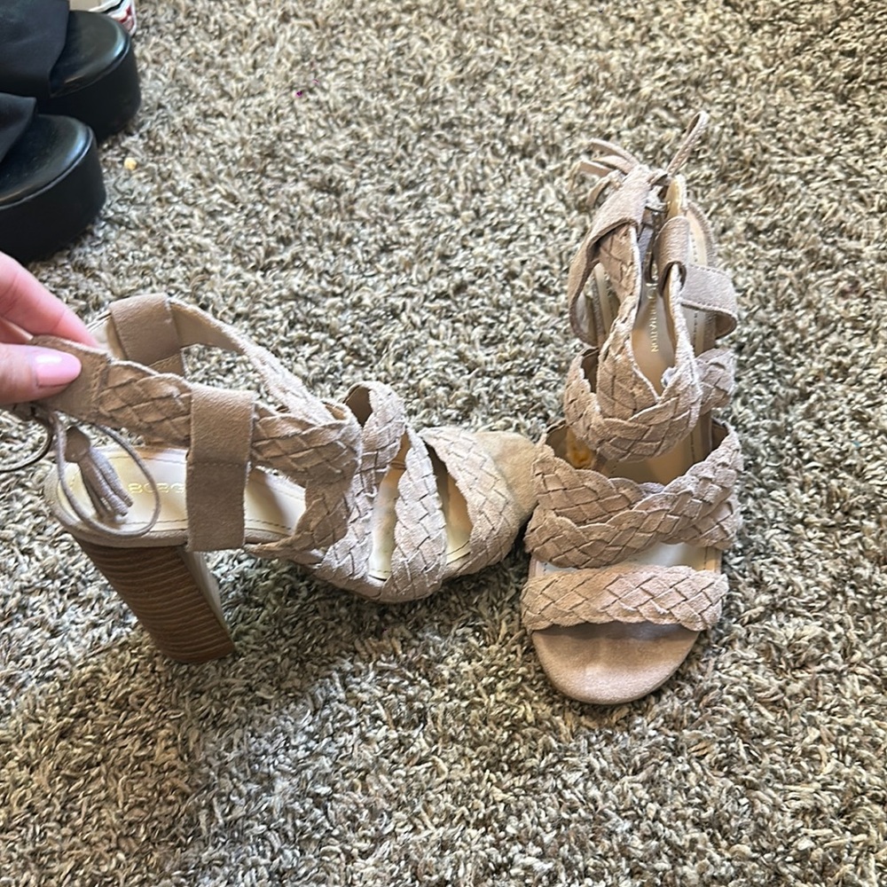 BCBG Tan Heels with Strappy Design